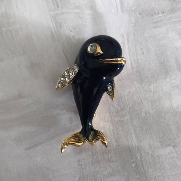 Adorable Dolphin Brooch / Pin; Blue Enamel & Pave Crystals; Gold Tone; Vintage - Picture 1 of 11